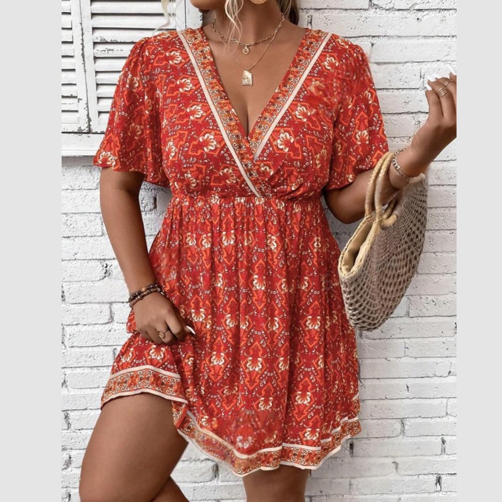 Boho plus size floral print butterfly sleeve dress red - Picture 4 of 10
